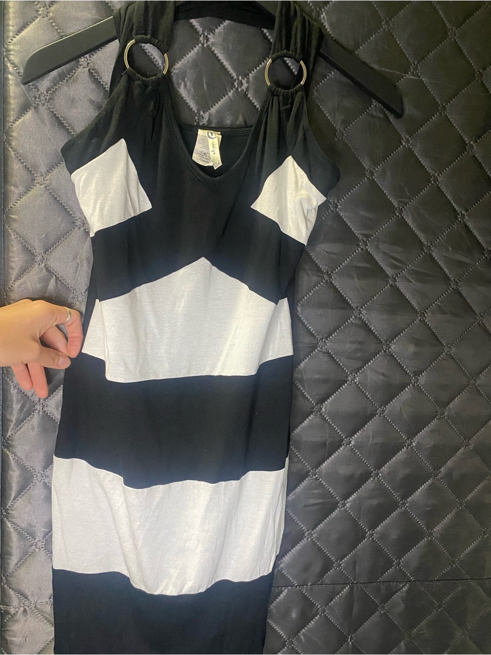 VTG 90s/Y2K Codigo Black White Striped O-Ring Halter mini Bodycon Dress USA